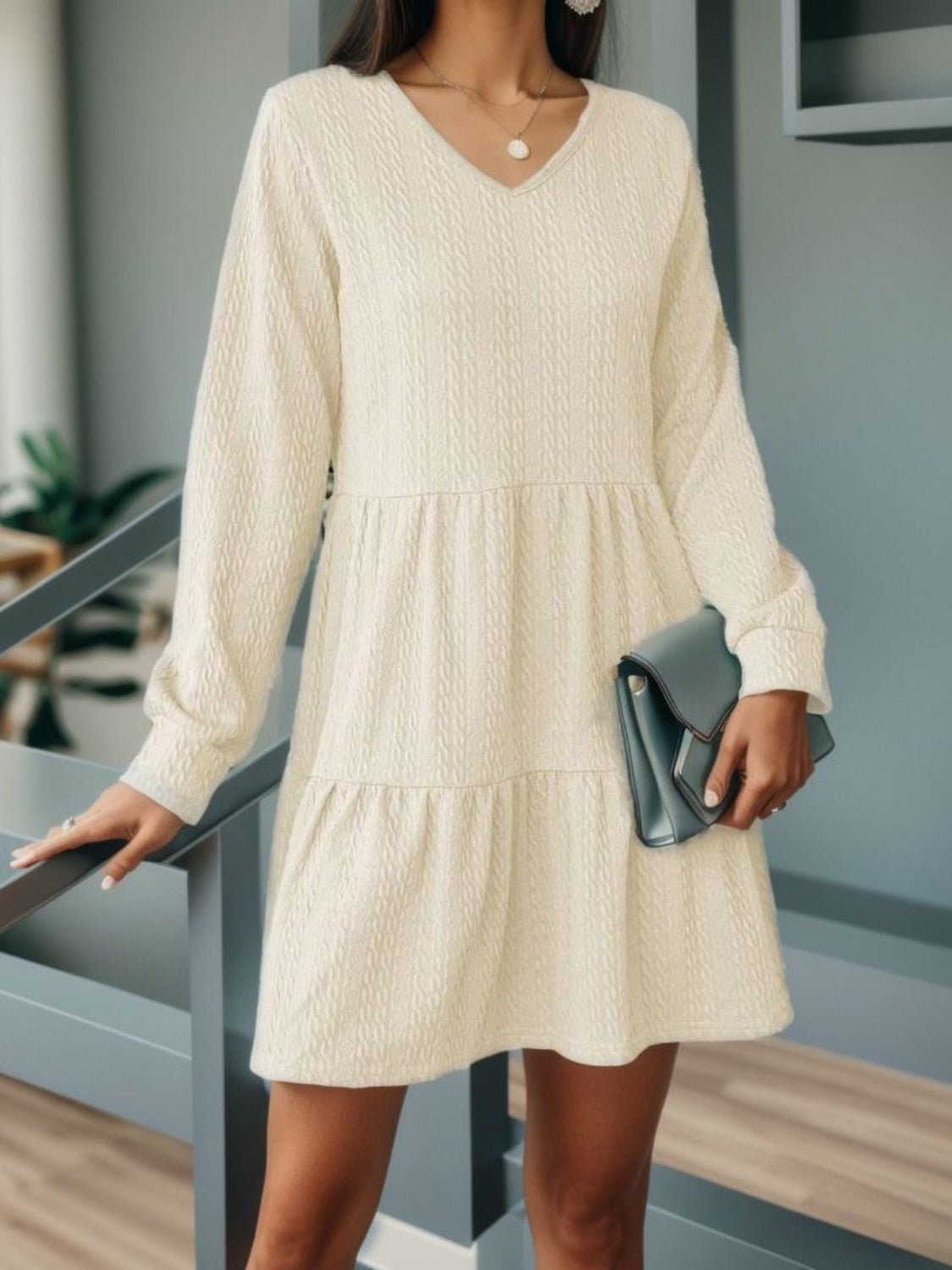 V-Neck Long Sleeve Mini Dress - All In The Bag