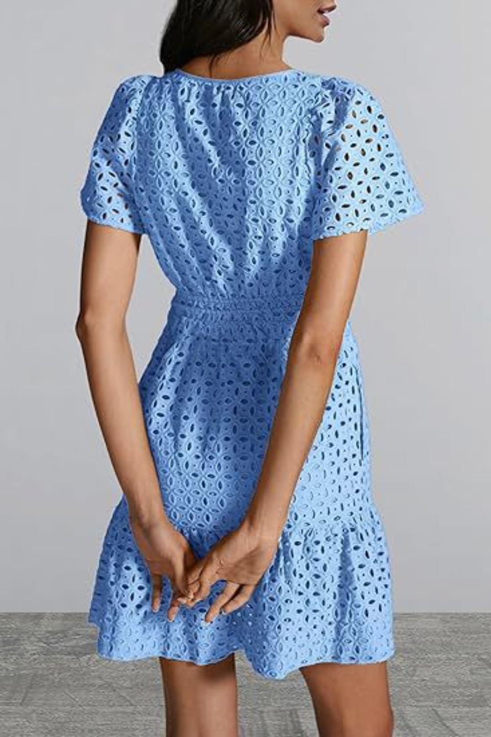 Eyelet Notched Short Sleeve Mini Dress - All In The Bag