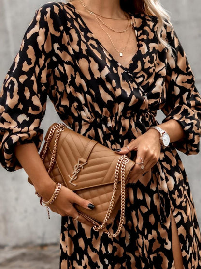 Slit Printed Surplice Long Sleeve Dress