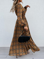 Slit Plaid Tie Neck Long Sleeve Maxi Dress - All In The Bag