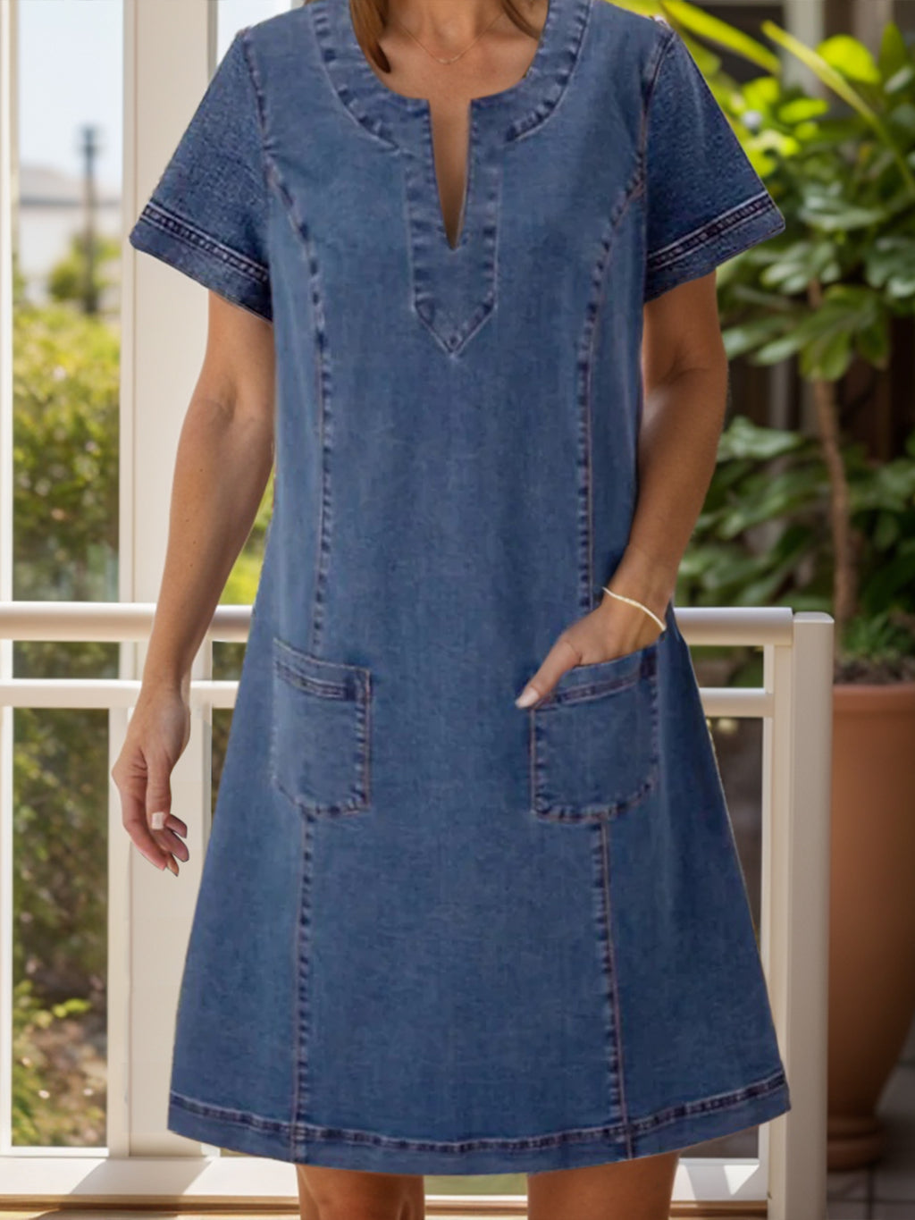 Full Size Notched Short Sleeve Denim Dress - All In The Bag