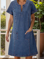 Full Size Notched Short Sleeve Denim Dress - All In The Bag