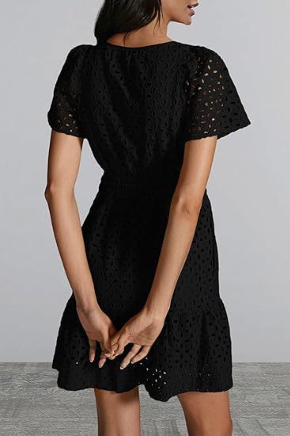 Eyelet Notched Short Sleeve Mini Dress - All In The Bag