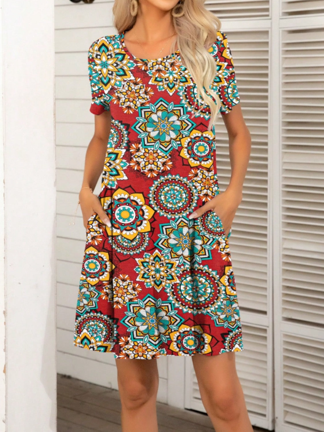Pocketed Printed Round Neck Short Sleeve Mini Dress - All In The Bag