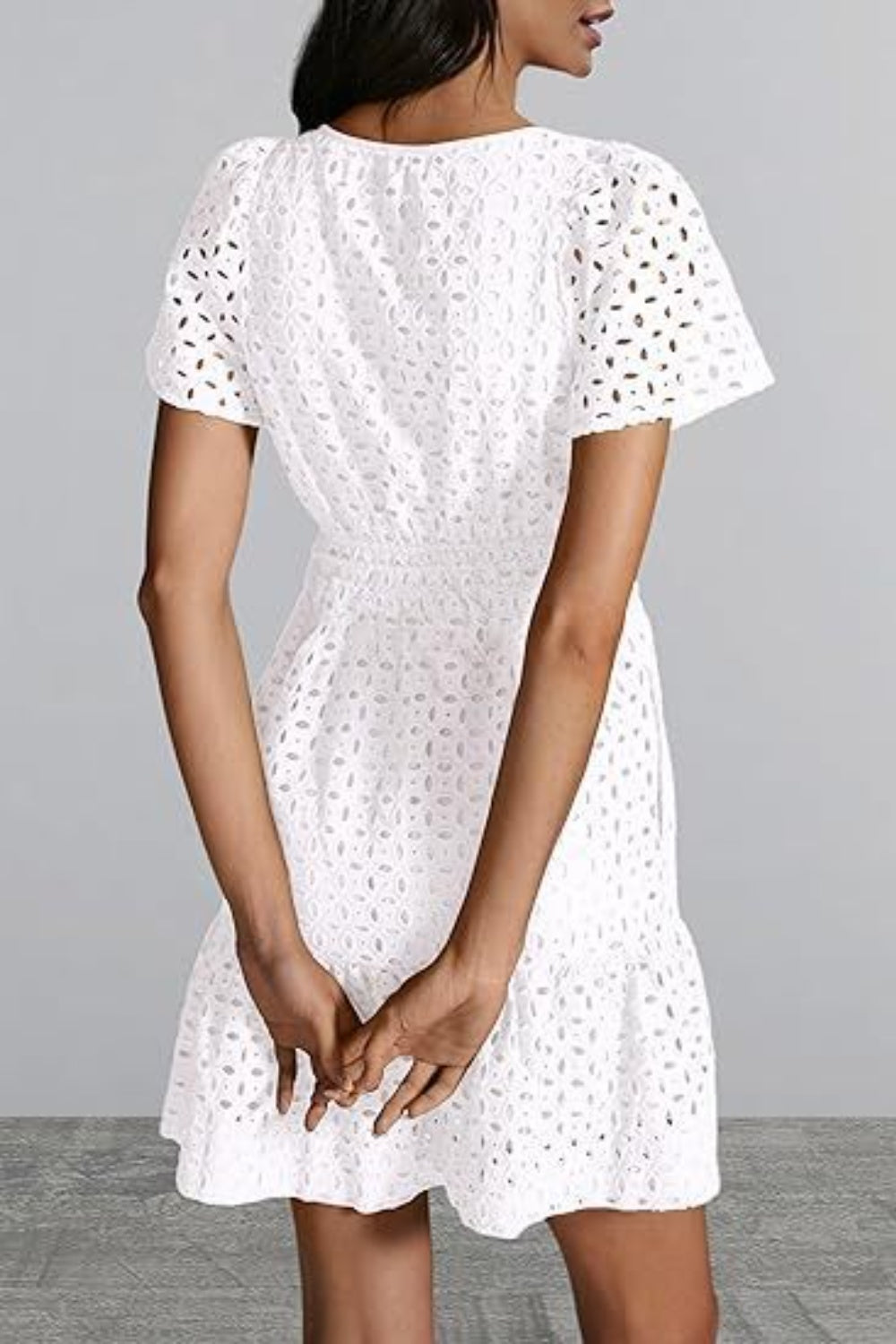 Eyelet Notched Short Sleeve Mini Dress - All In The Bag