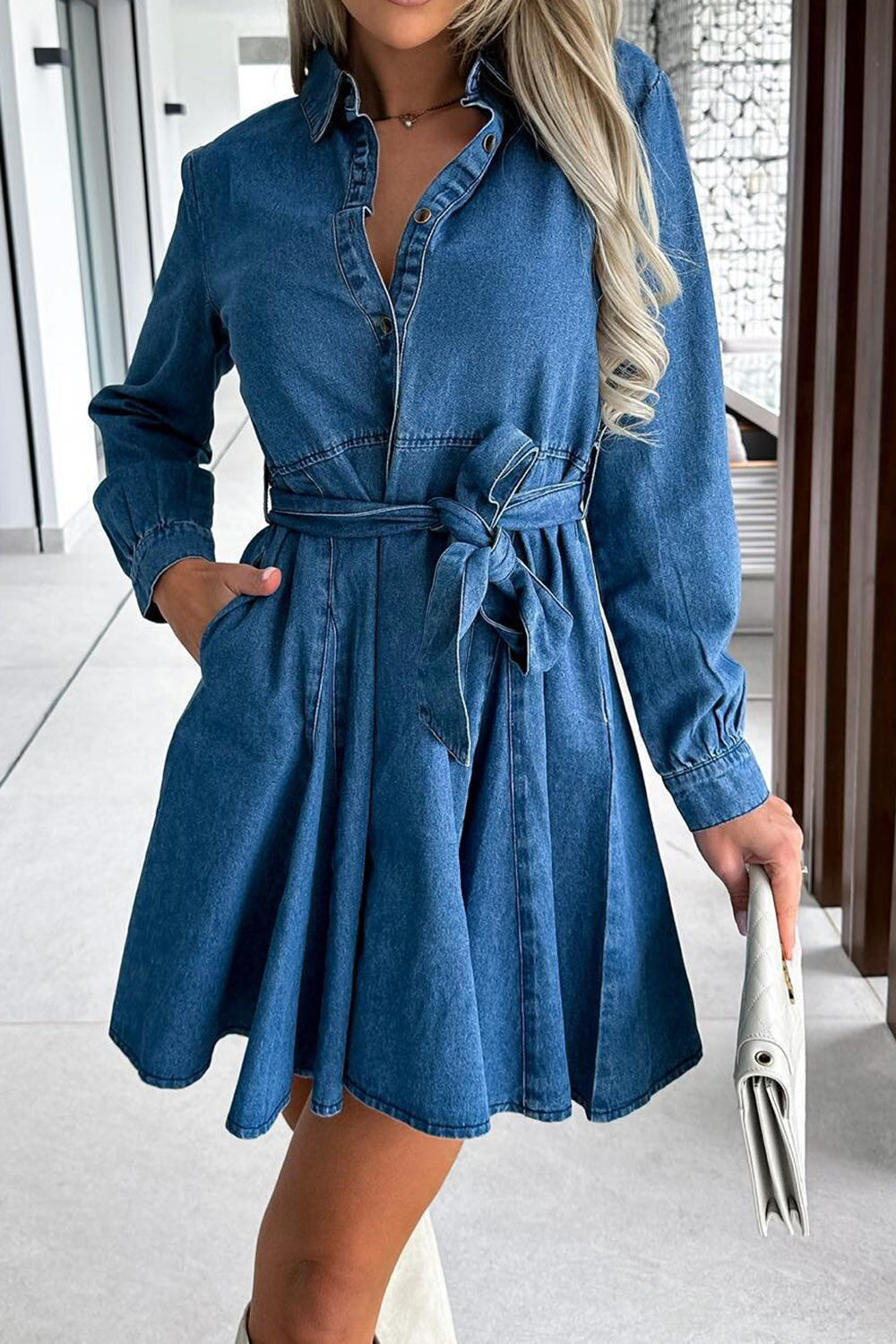 Tied Half Button Long Sleeve Denim Dress - All In The Bag