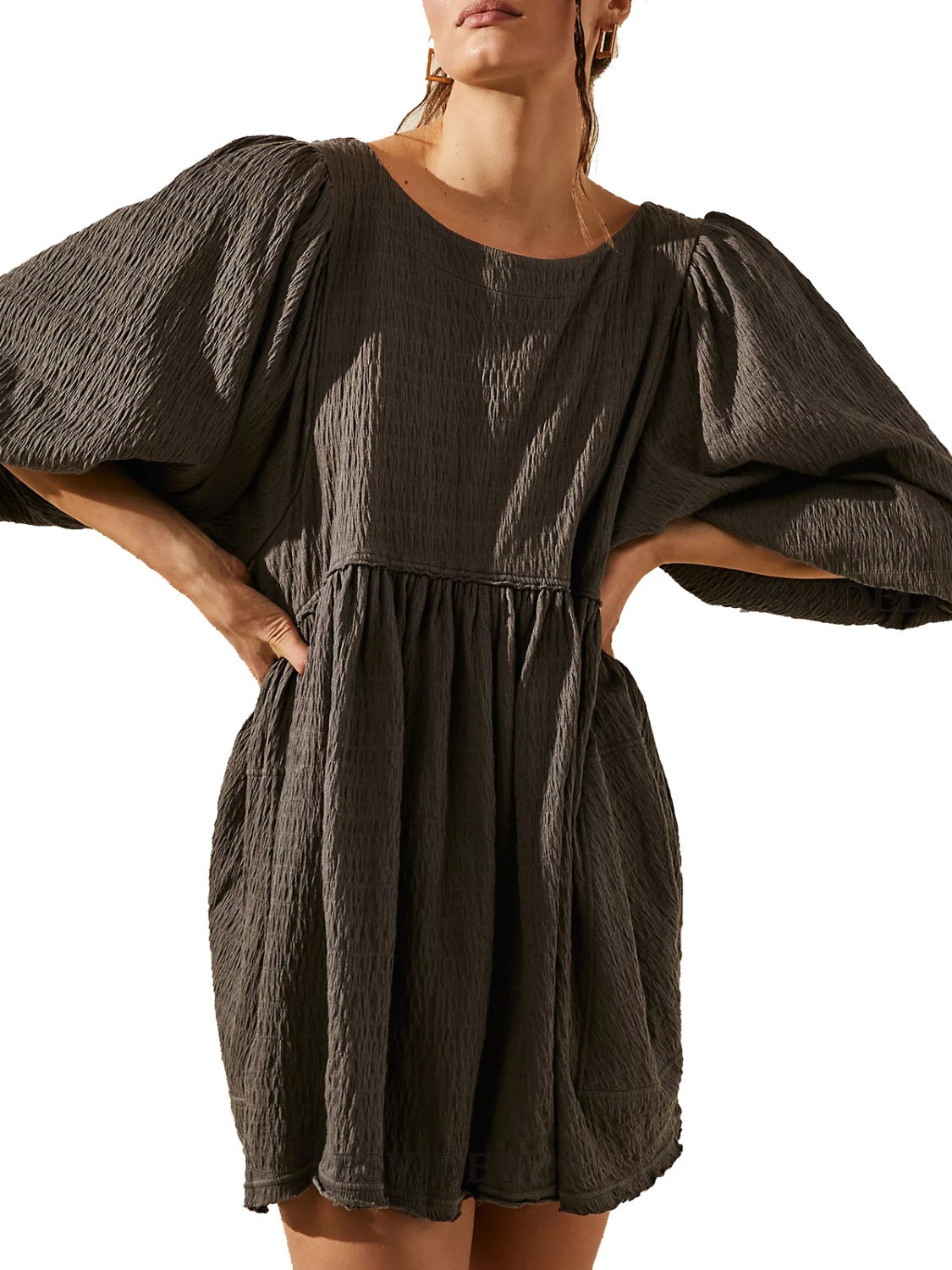 Cutout Textured Long Sleeve Mini Dress - All In The Bag