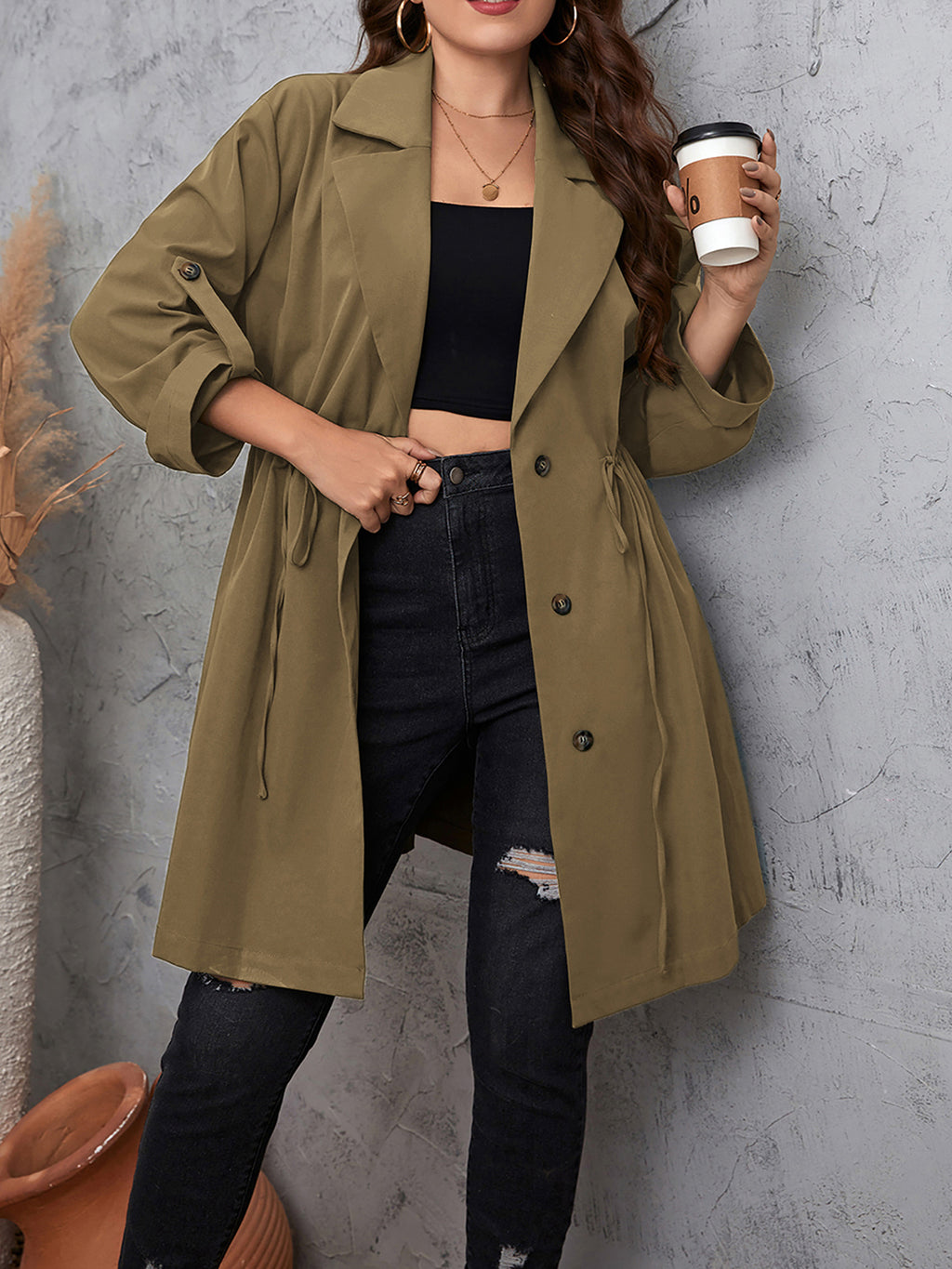 Plus Size Lapel Collar Drawstring Roll-Tab Sleeve Trench Coat - All In The Bag