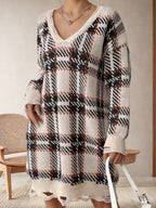Distressed Plaid V-Neck Long Sleeve Sweater Dress - All In The Bag