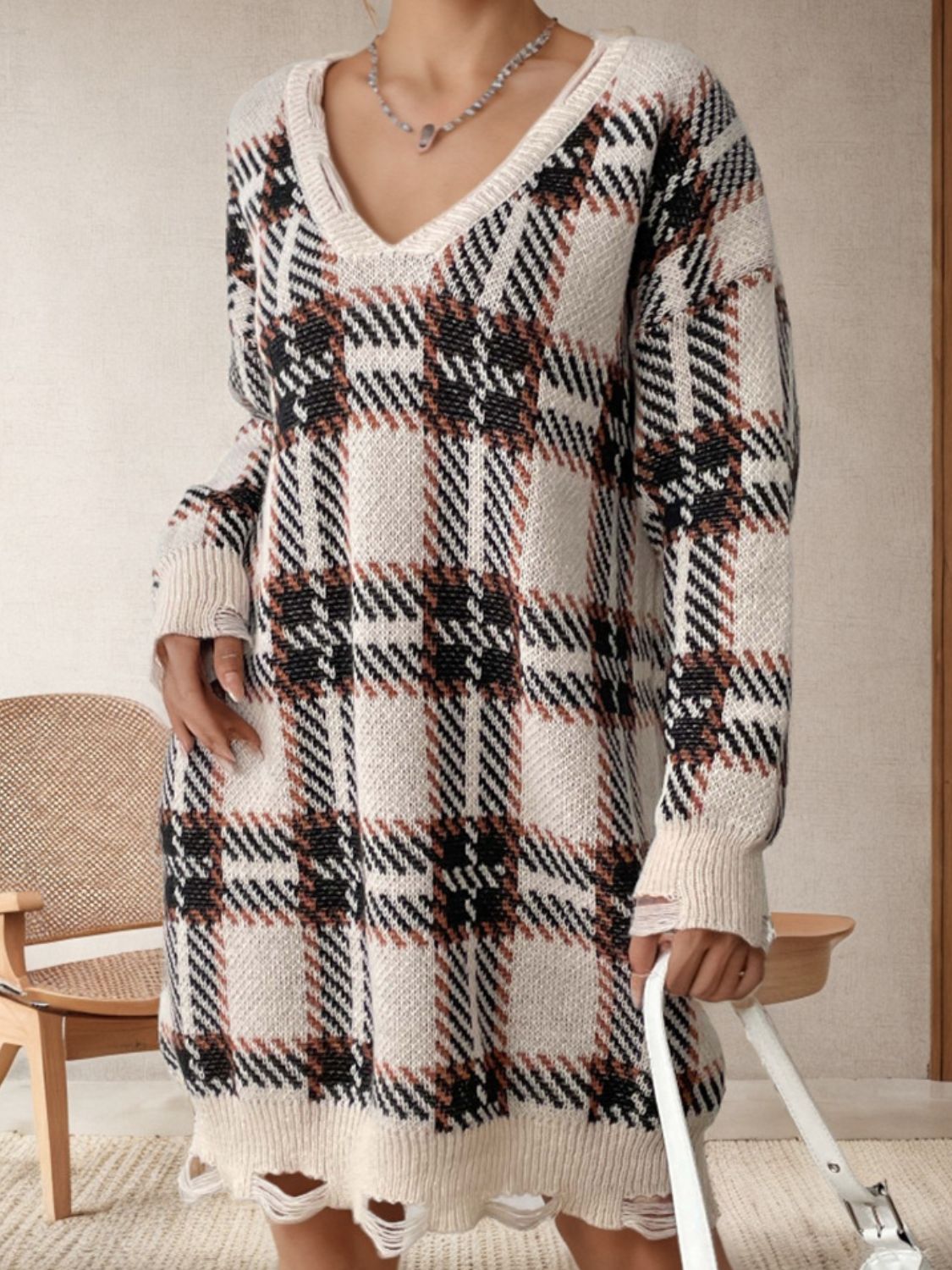 Distressed Plaid V-Neck Long Sleeve Sweater Dress - All In The Bag