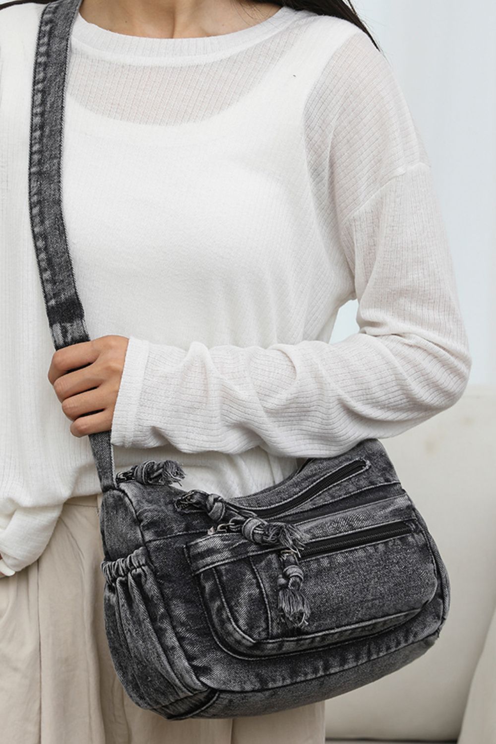 Adjustable Strap Denim Crossbody Bag - All In The Bag