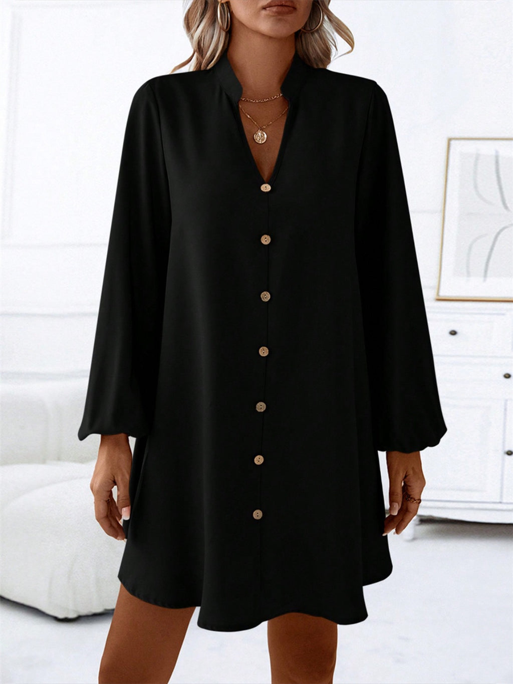 Notched Long Sleeve Mini Dress - All In The Bag