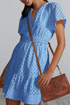 Eyelet Notched Short Sleeve Mini Dress - All In The Bag