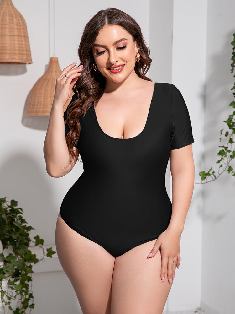 Plus Size Scoop Neck Short Sleeve One-Piece Swimsuit - All In The Bag