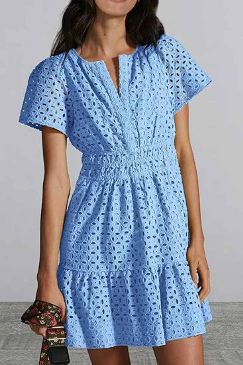 Eyelet Notched Short Sleeve Mini Dress - All In The Bag