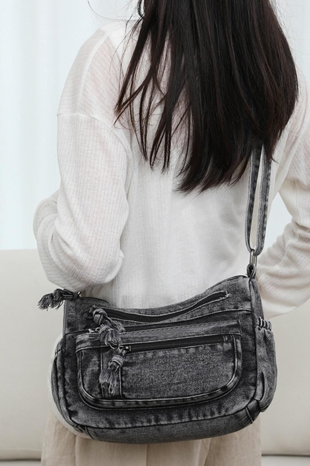 Adjustable Strap Denim Crossbody Bag - All In The Bag