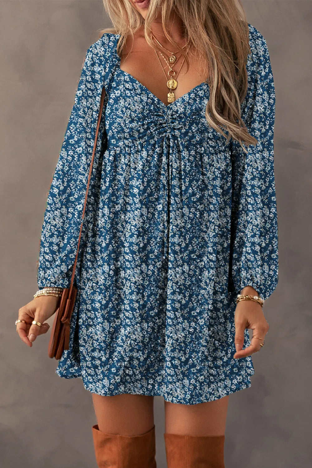 Ruched Printed Long Sleeve Mini Dress - All In The Bag