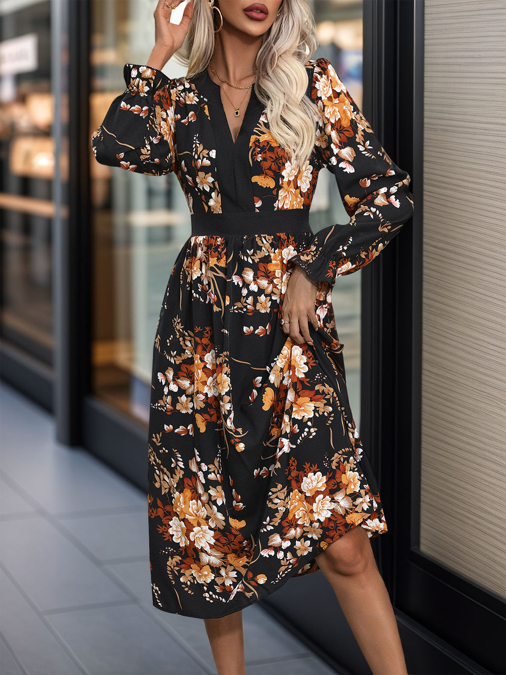 Perfee Printed Notched Long Sleeve Midi Dress - All In The Bag