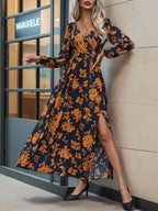 Perfee Split Printed Surplice Long Sleeve Midi Dress - All In The Bag
