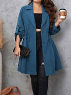 Plus Size Lapel Collar Drawstring Roll-Tab Sleeve Trench Coat - All In The Bag