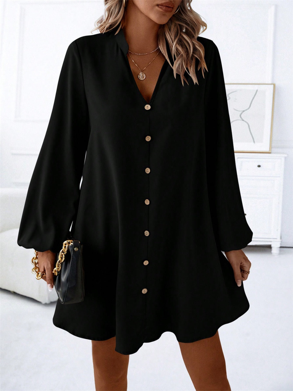 Notched Long Sleeve Mini Dress - All In The Bag