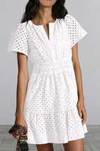 Eyelet Notched Short Sleeve Mini Dress - All In The Bag