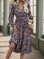 Perfee Printed Surplice Long Sleeve Midi Dress - All In The Bag