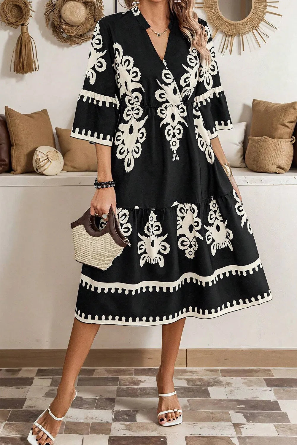 Printed Half Sleeve Knee Length Dress - All In The Bag