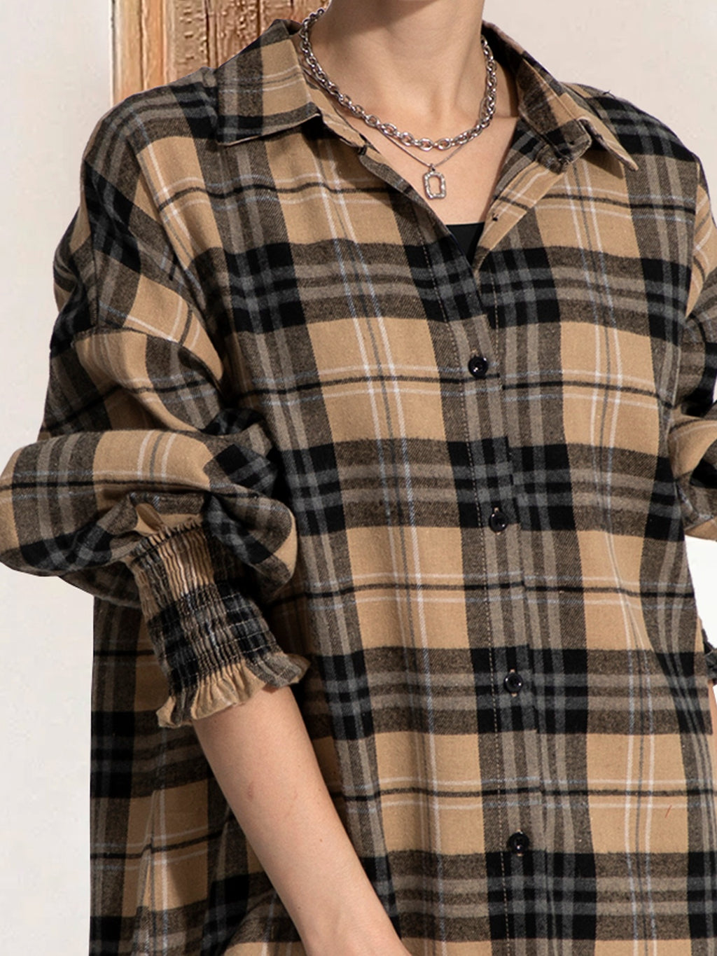 FAM-FAM Button Up Plaid Long Sleeve Shirt Dress - All In The Bag