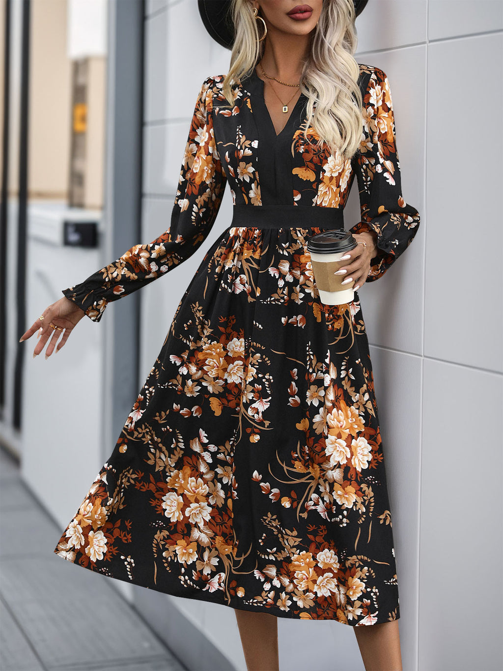 Perfee Printed Notched Long Sleeve Midi Dress - All In The Bag
