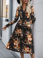 Perfee Printed Notched Long Sleeve Midi Dress - All In The Bag