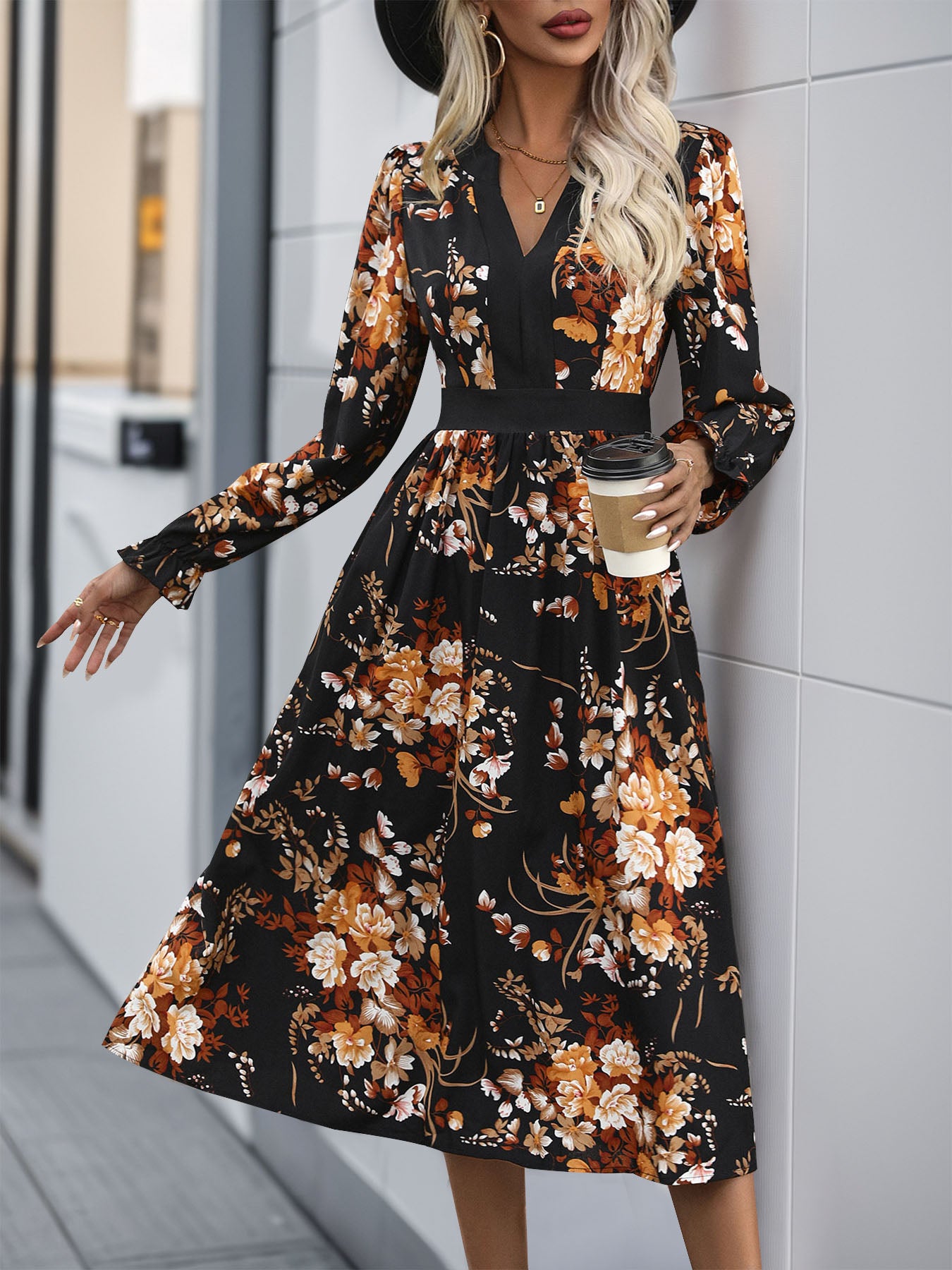 Perfee Printed Notched Long Sleeve Midi Dress - All In The Bag