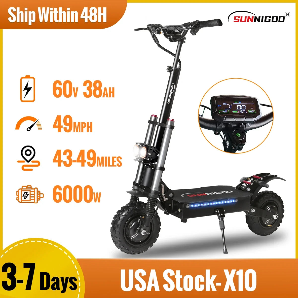 SUNNIGOO Off-Road Electric Scooter Dual Hub Motor 6000w Escooter Foldable Electric Scooters 60V 38Ah 49MPH 43-49Miles Long Range