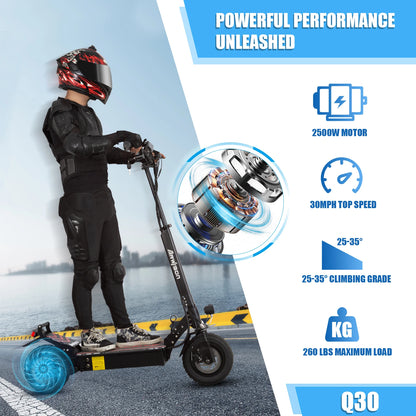 Arwibon Q30 Adult Electric Scooter 2500W Motor Top Speed 30MPH, 48V16AH, 11 Inch Off-Road Tires Sport Commuter Folding EScooter