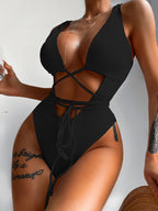 Ribbed Lace Up One-Piece Swimsuit - All In The Bag