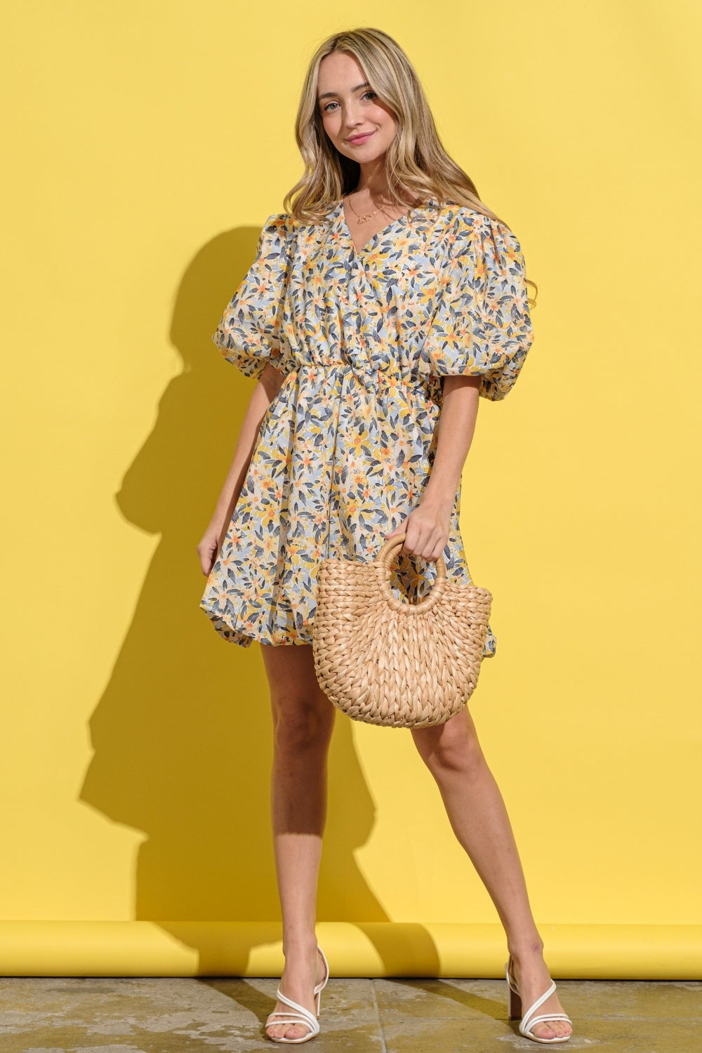 Full Size Floral Surplice Puff Sleeve Dress - All In The Bag
