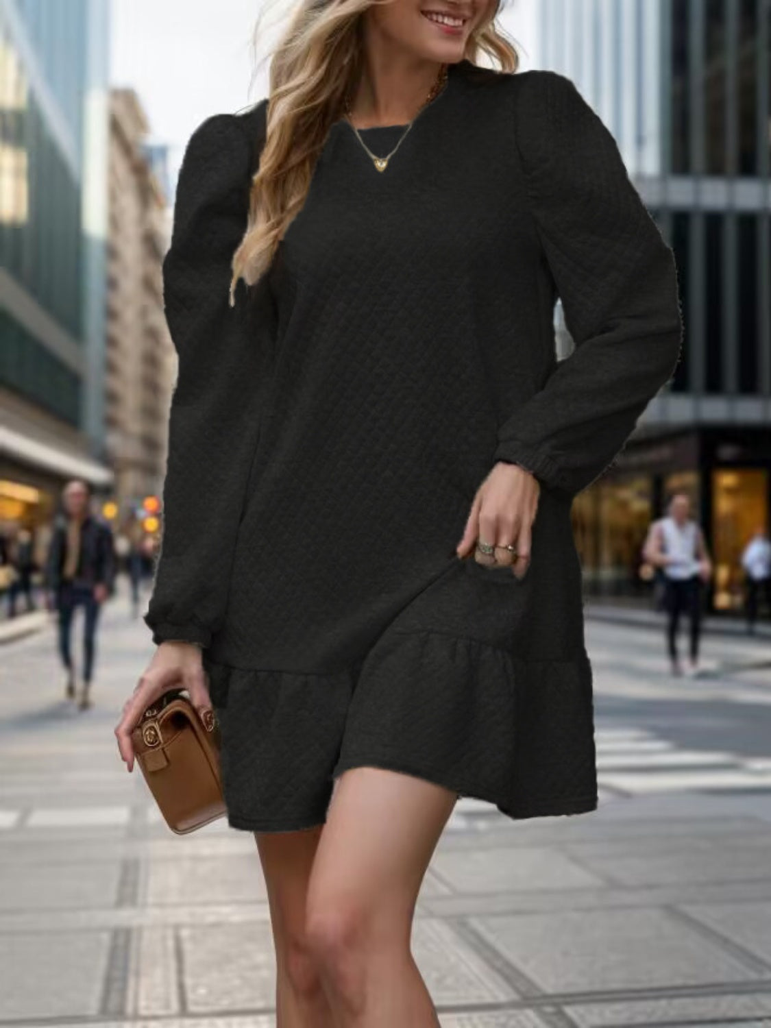 Round Neck Long Sleeve Mini Dress - All In The Bag