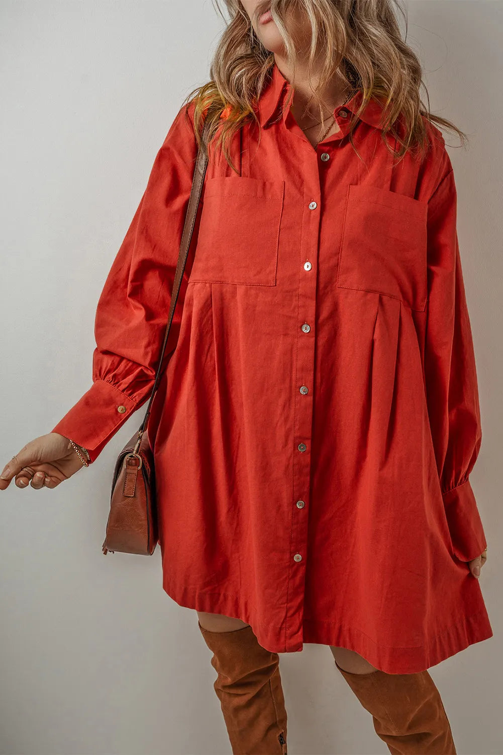 Pocketed Button Down Long Sleeve Shirt Dress - All In The Bag