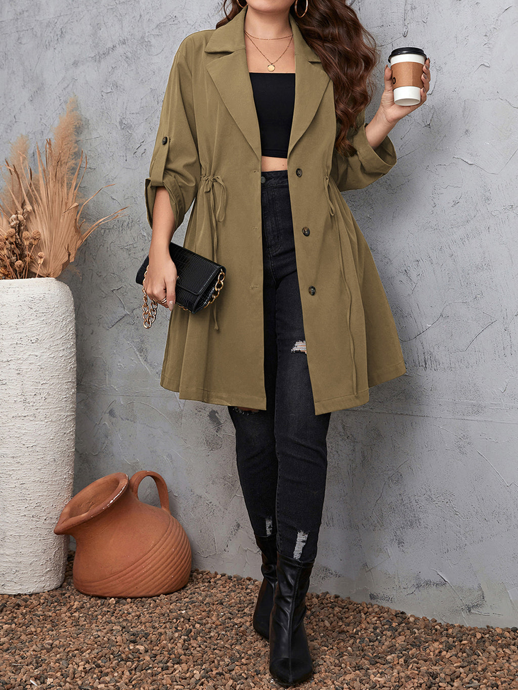 Plus Size Lapel Collar Drawstring Roll-Tab Sleeve Trench Coat - All In The Bag