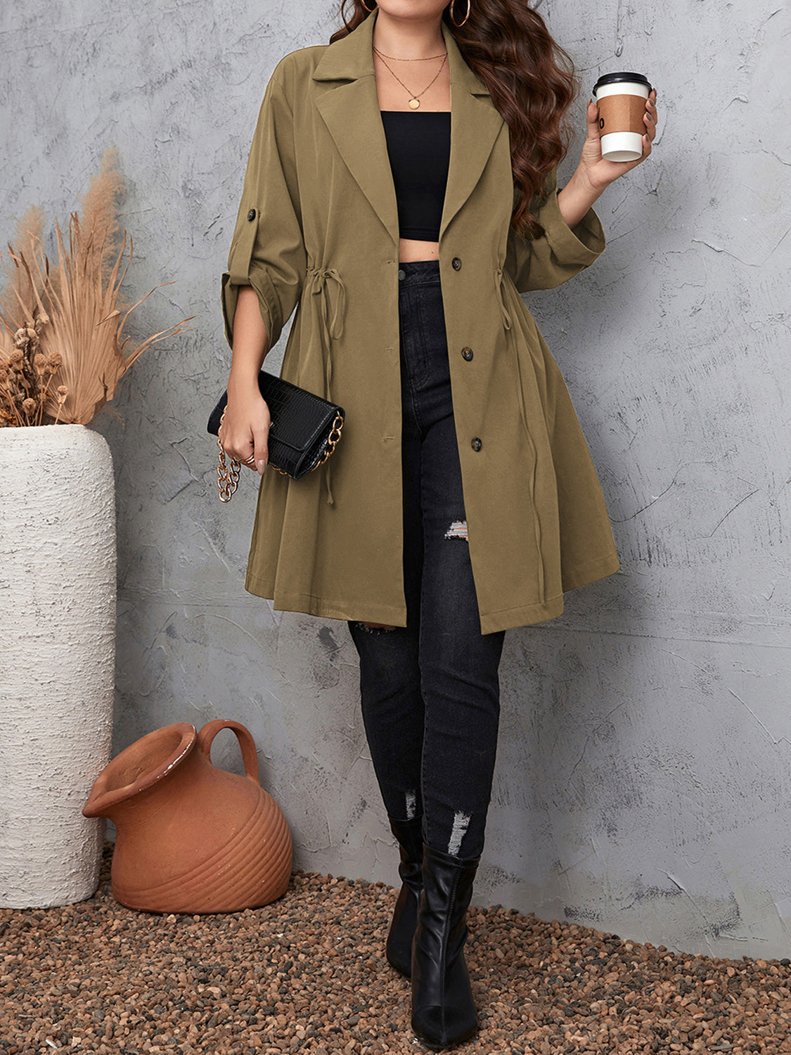 Plus Size Lapel Collar Drawstring Roll-Tab Sleeve Trench Coat - All In The Bag