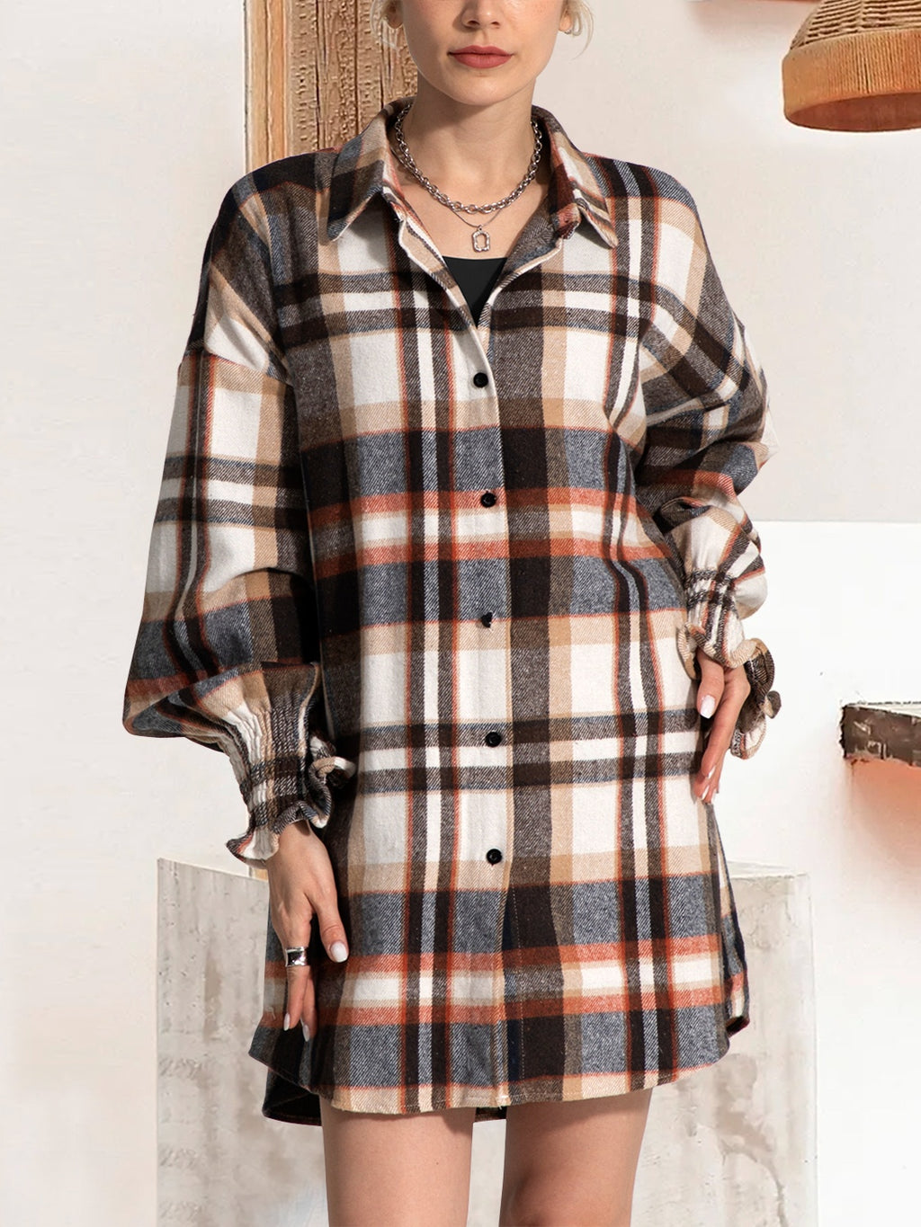 FAM-FAM Button Up Plaid Long Sleeve Shirt Dress - All In The Bag