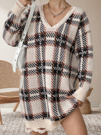 Distressed Plaid V-Neck Long Sleeve Sweater Dress - All In The Bag