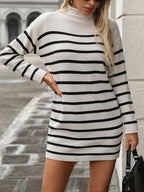 Striped Mock Neck Long Sleeve Mini Dress - All In The Bag