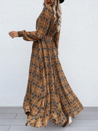 Slit Plaid Tie Neck Long Sleeve Maxi Dress - All In The Bag