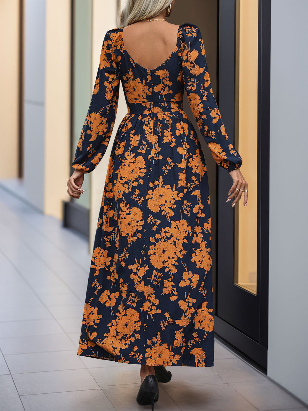 Perfee Split Printed Surplice Long Sleeve Midi Dress - All In The Bag