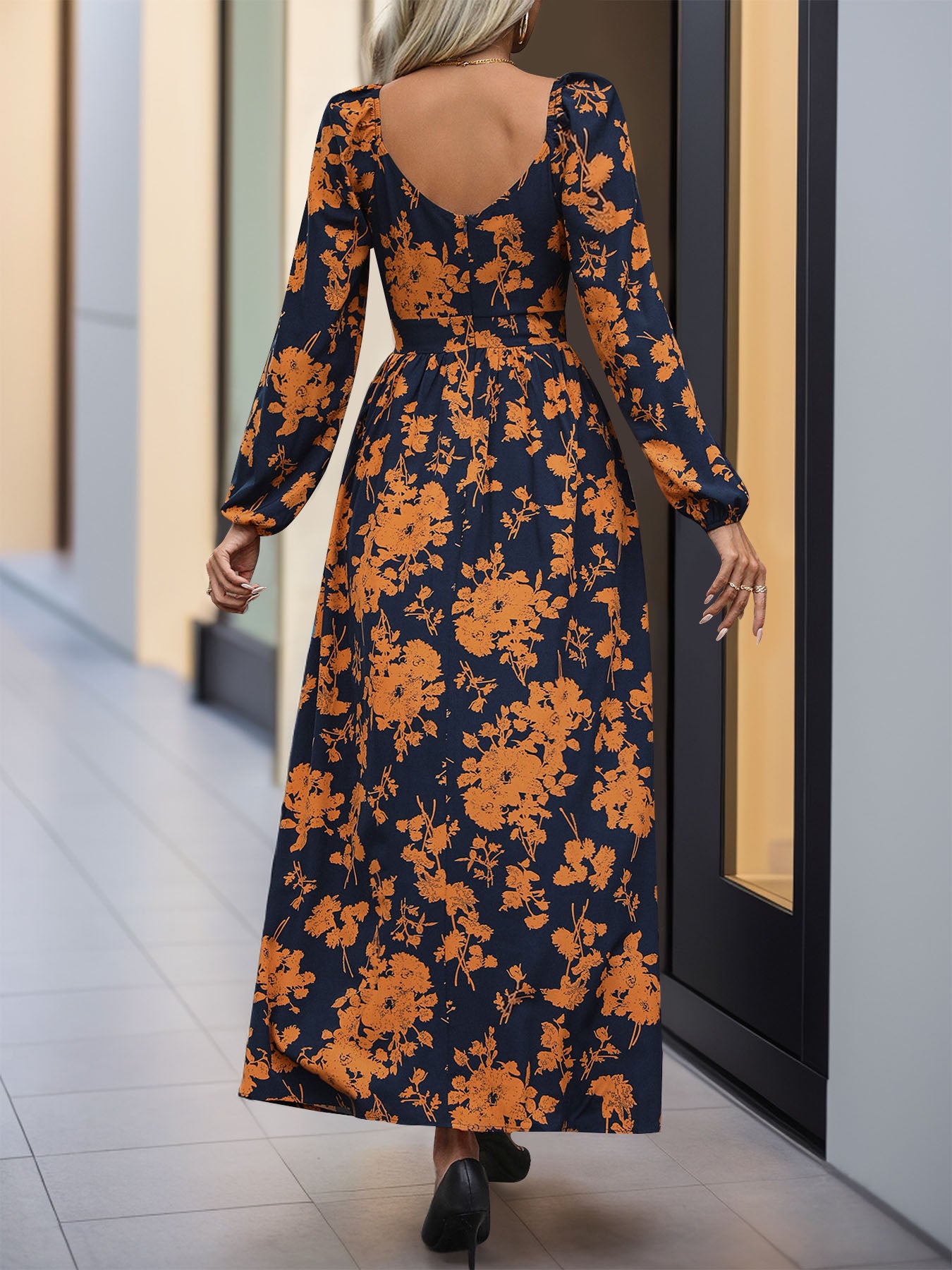 Perfee Split Printed Surplice Long Sleeve Midi Dress - All In The Bag