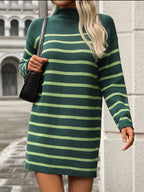 Striped Mock Neck Long Sleeve Mini Dress - All In The Bag