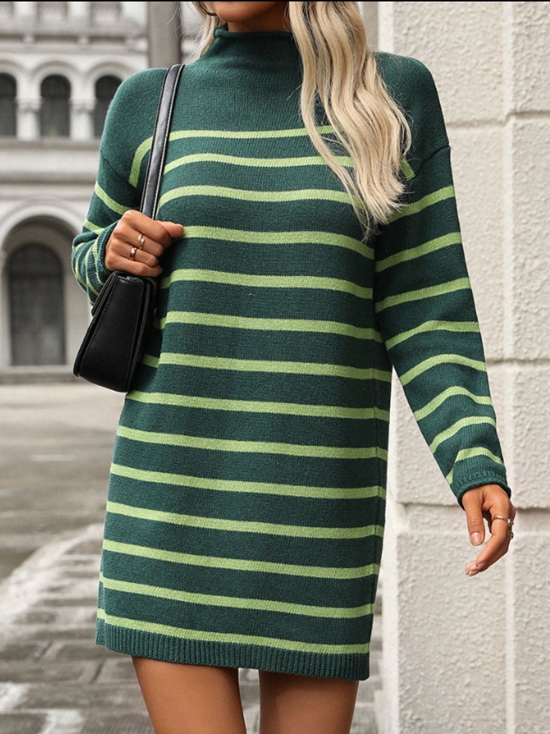 Striped Mock Neck Long Sleeve Mini Dress - All In The Bag