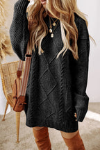 Cable-Knit Round Neck Sweater Dress - All In The Bag