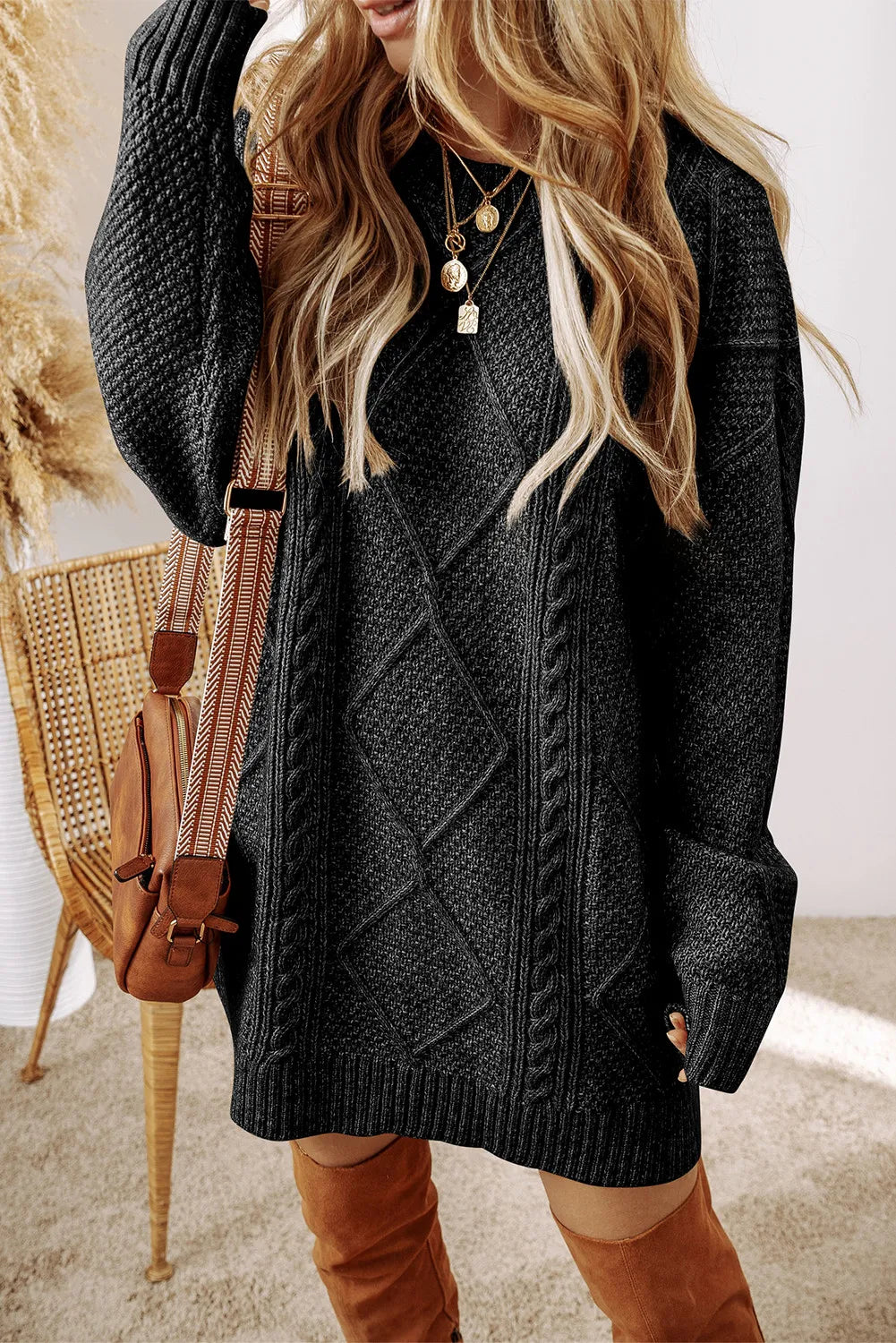 Cable-Knit Round Neck Sweater Dress - All In The Bag